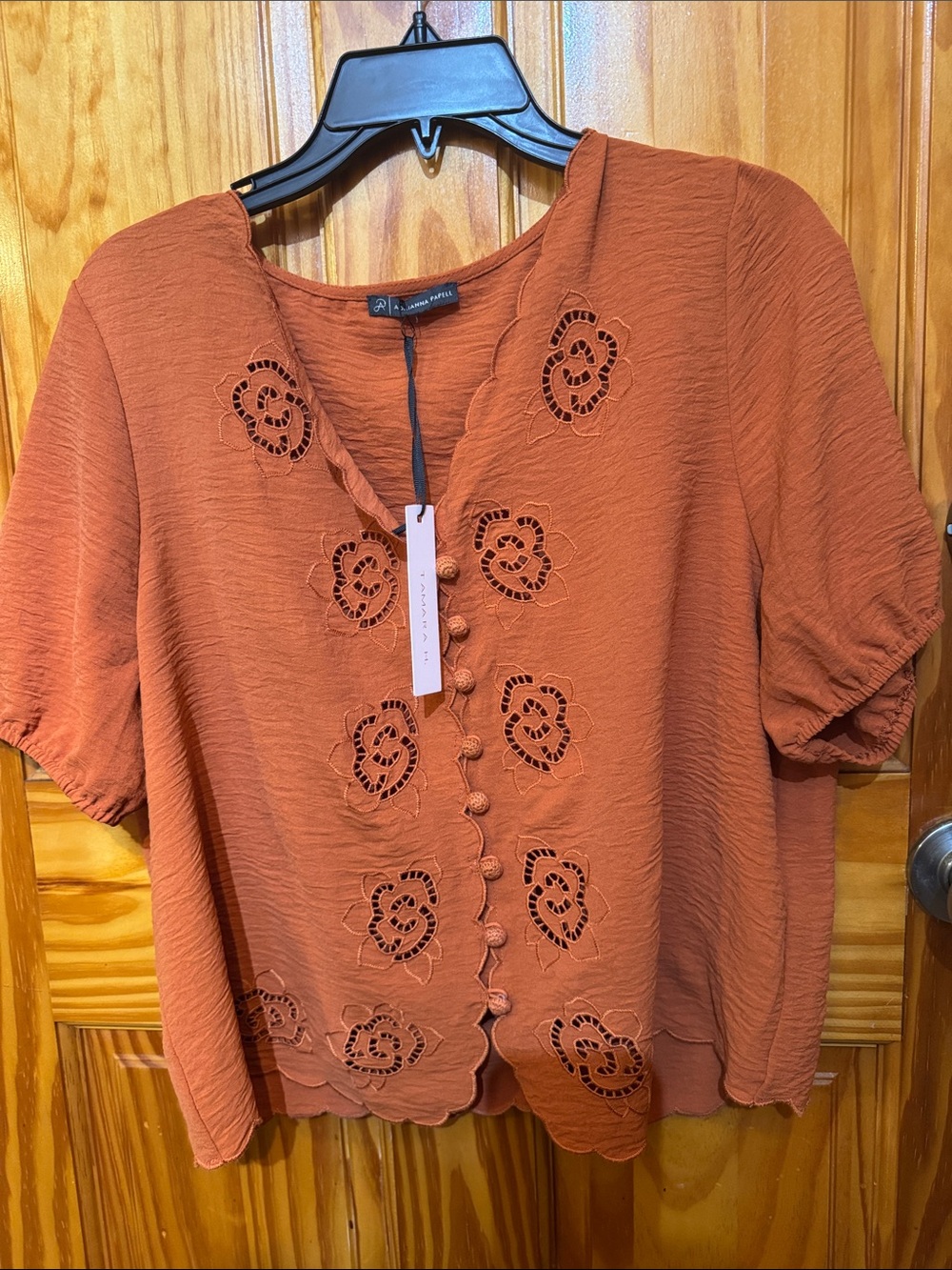Textured Rust Orange Button-Front Cutwork Blouse